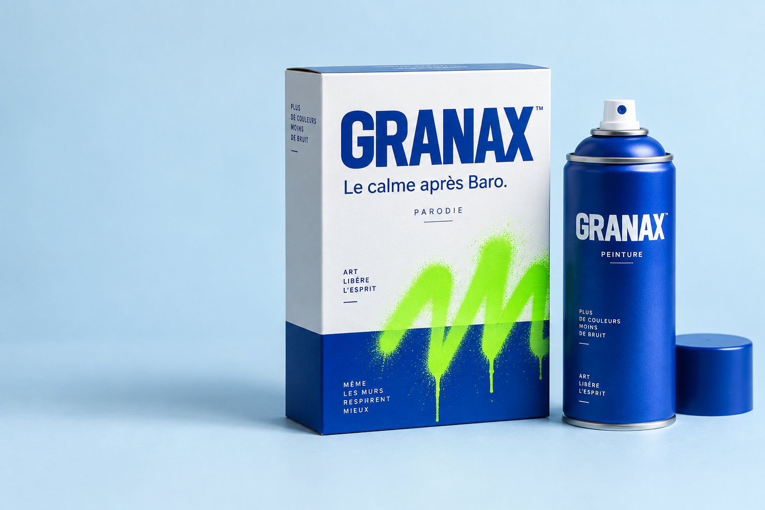 Boîte fictive GRANAX marquée Parodie, accompagnée d’une bombe de peinture bleue